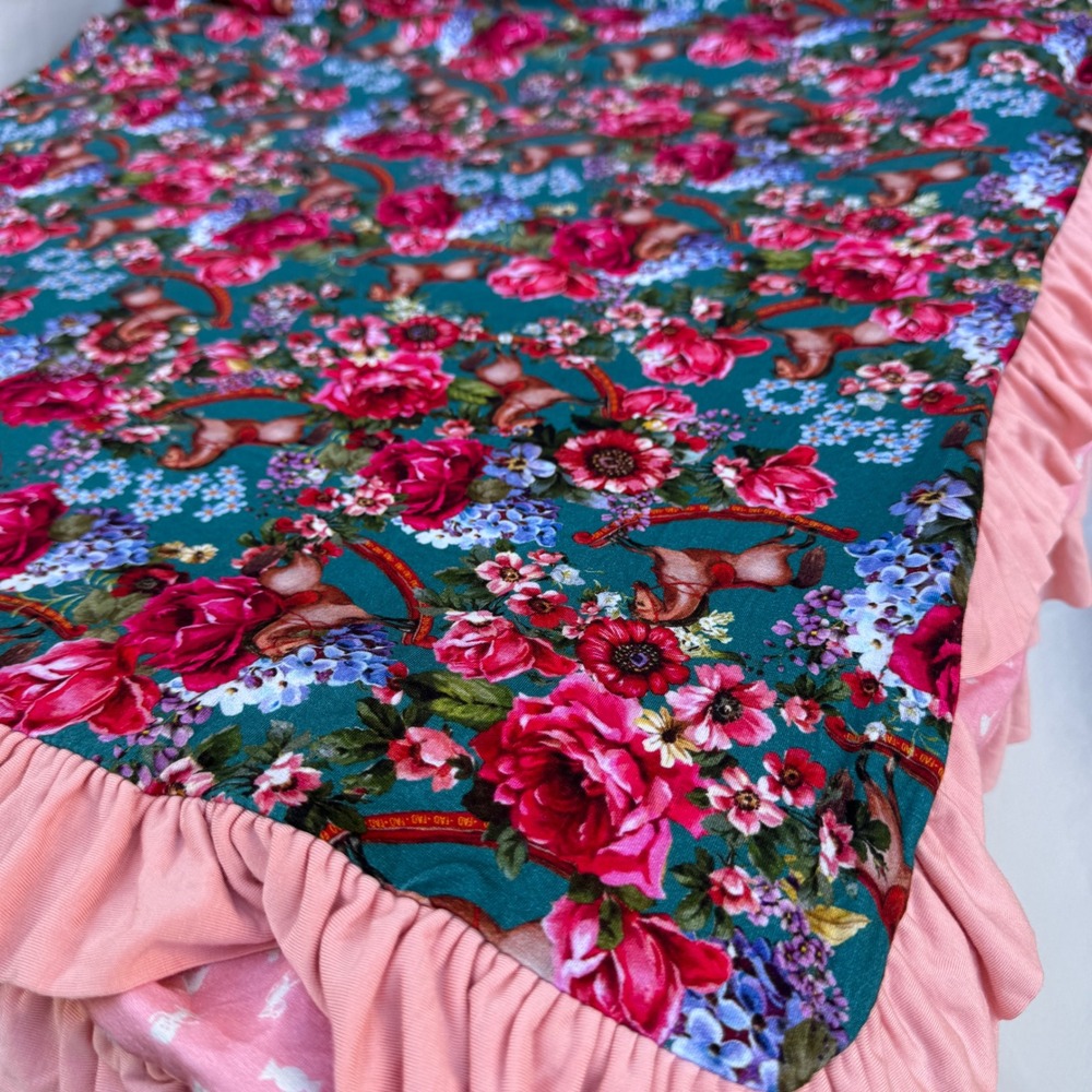 Posh Peanut FAO Schwarz Ruffled Patoo Blanket OS Teal Pink Floral Rocking Horse